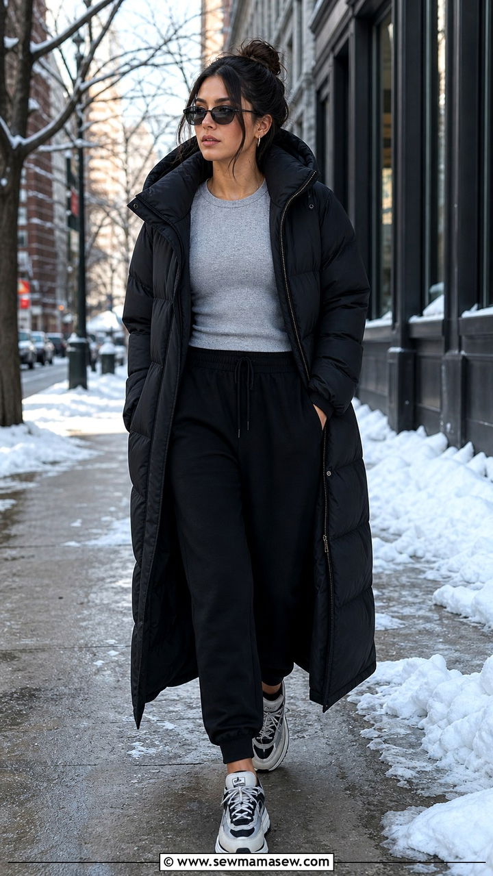 Maxi Puffer Coat With Joggers and Chunky Sneakers - 40 Maxi coat outfit ideas