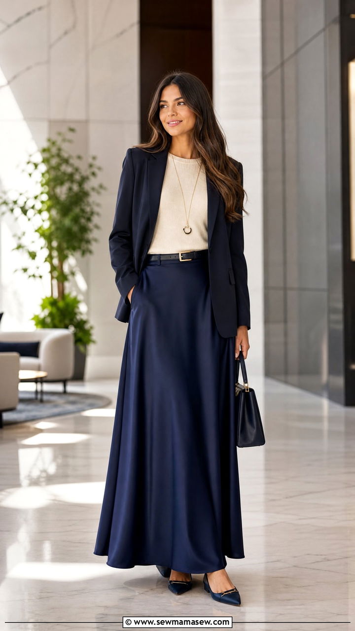Maxi Satin Skirt with Lightweight Knit - 25 Business casual outfits with skirt