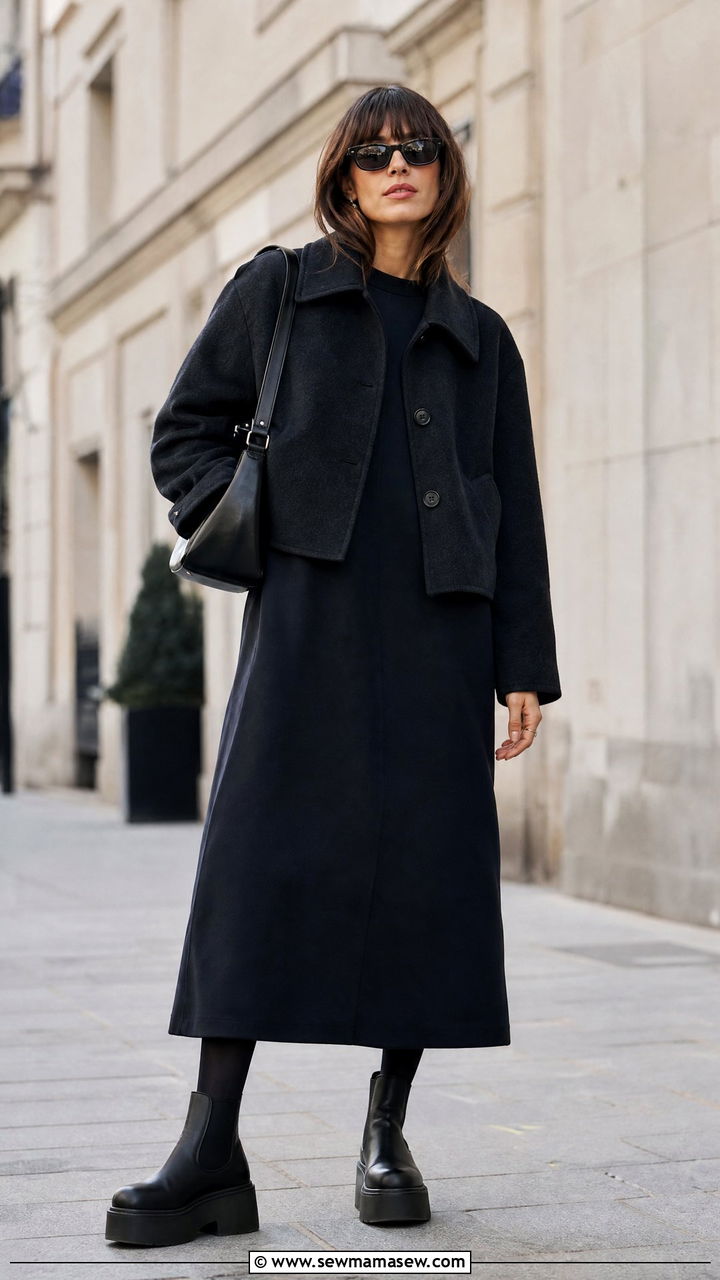 Maxi Shift Dress With Opaque Tights And Platform Boots - 25 Shift dress outfit ideas with tights