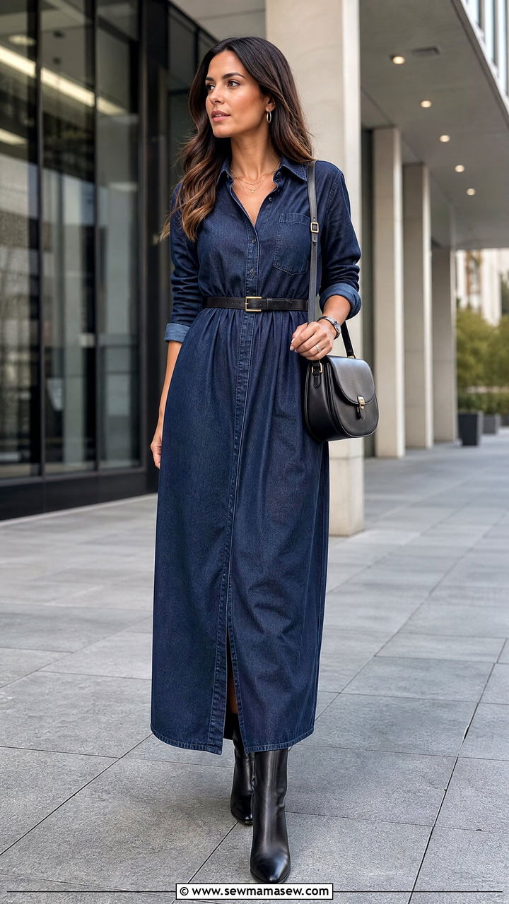 Maxi Shirt Dress With Ankle Boots And Leather Belt - 30 Maxi dress for work outfit ideas
