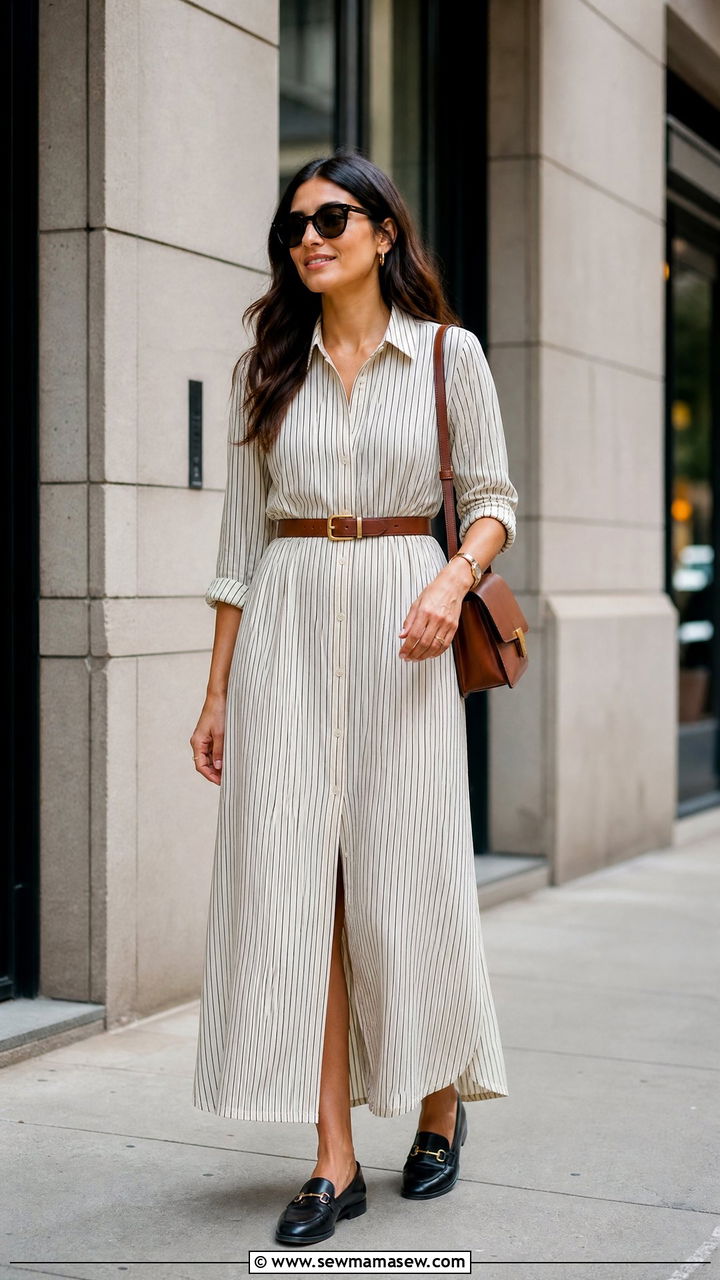 Maxi Shirt Dress With Belt And Loafers - 35 maxi dress outfit ideas for women