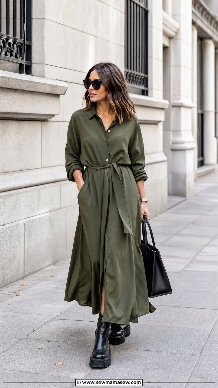 Maxi Shirt Dress With Chunky Boots - 30 Maxi dress outfit ideas with boots