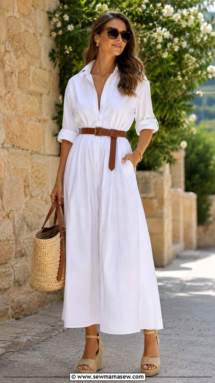 Maxi Shirt Dress With Espadrille Wedges - 30 Outfit ideas for working moms