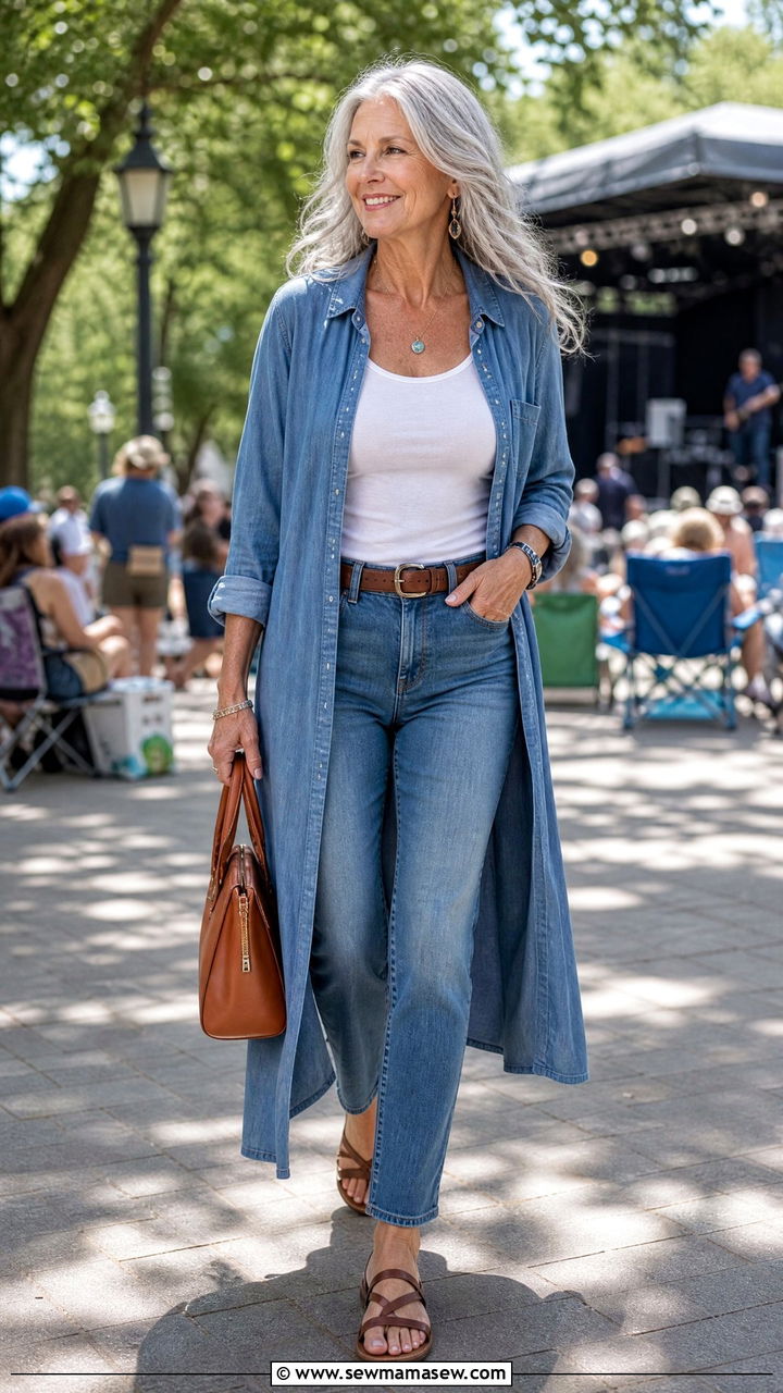 Maxi Shirt Dress as Duster Coat with Tank and Jeans - 30 Concert outfits for women over 60