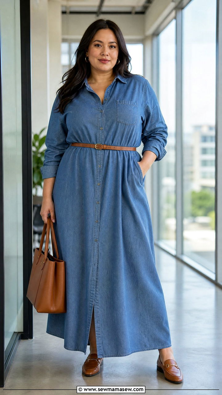 Maxi Shirt Dress with Belt and Loafers - 25 Maxi dress for plus size outfit ideas