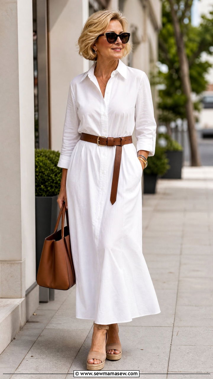 Maxi Shirt Dress with a Leather Belt and Espadrille Wedges - 30 Maxi dress for women over 50 outfit ideas