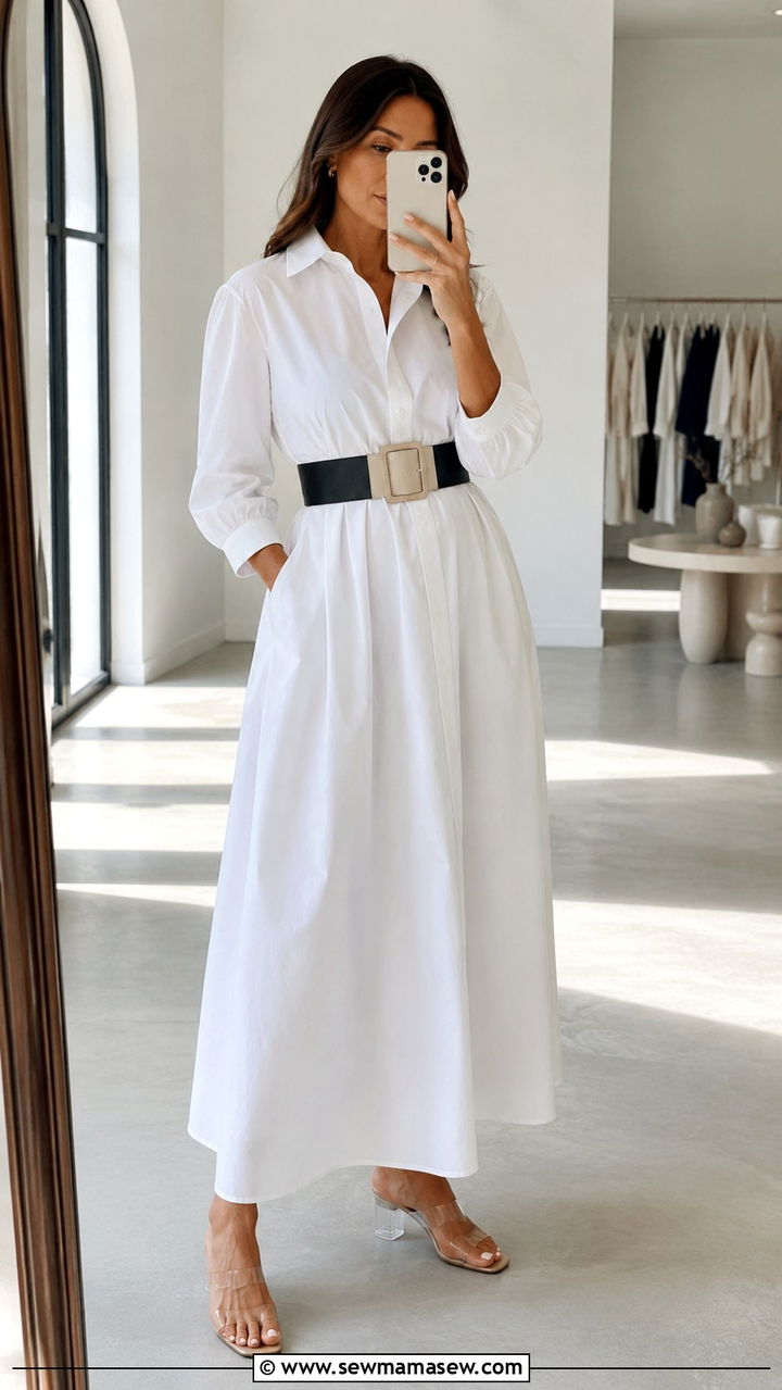 Maxi Shirt Dress with a Two Tone Belt and Kitten Heels - 30 business casual outfits aesthetic
