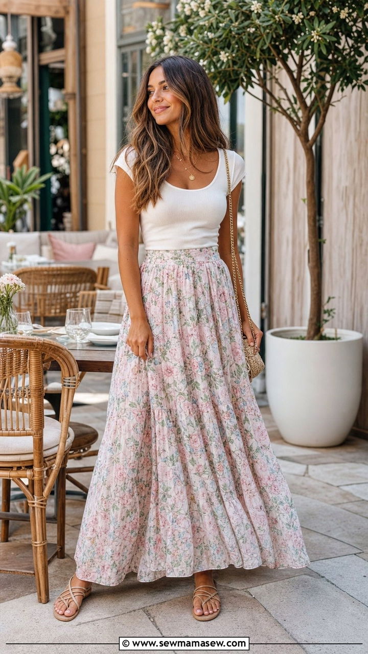 Maxi Skirt Brunch Outfit with Strappy Sandals - 35 casual maxi skirt outfits