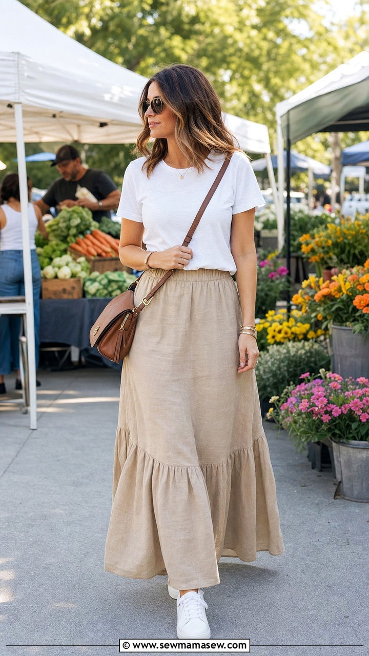 Maxi Skirt Weekend Look with Crossbody Bag and Sneakers - 35 casual maxi skirt outfits