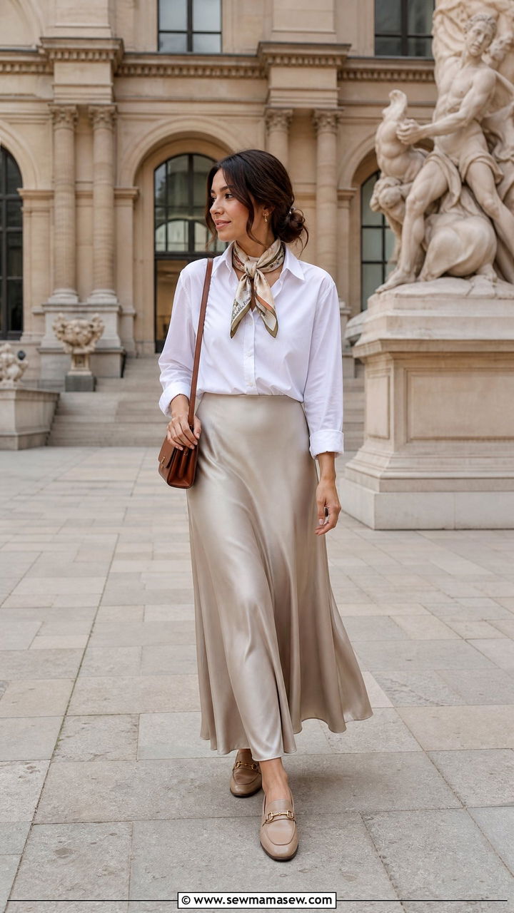 Maxi Skirt With Button Down Shirt And Silk Scarf - 30 modest classy outfits for women