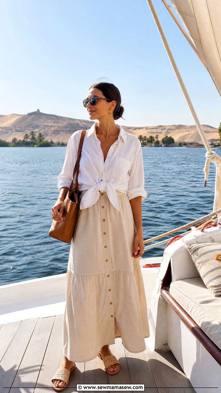 Maxi Skirt With Button Down Shirt Tied At Waist - 35 Luxor outfit ideas