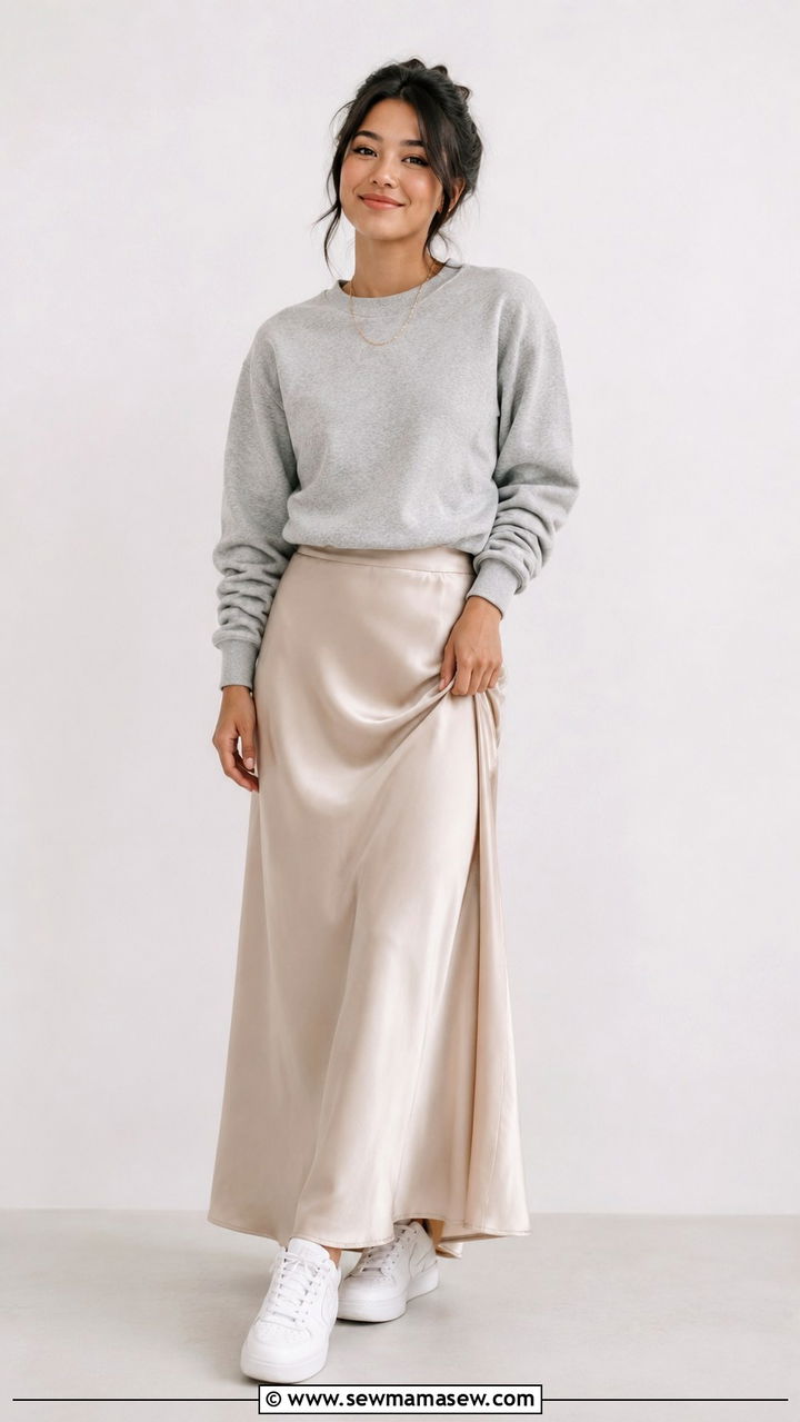 Maxi Skirt With Crewneck Sweatshirt - 30 transitional petite outfit ideas