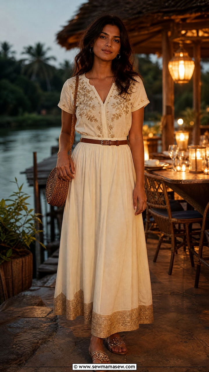 Maxi Skirt With Embroidered Blouse - 25 Kerala outfit ideas