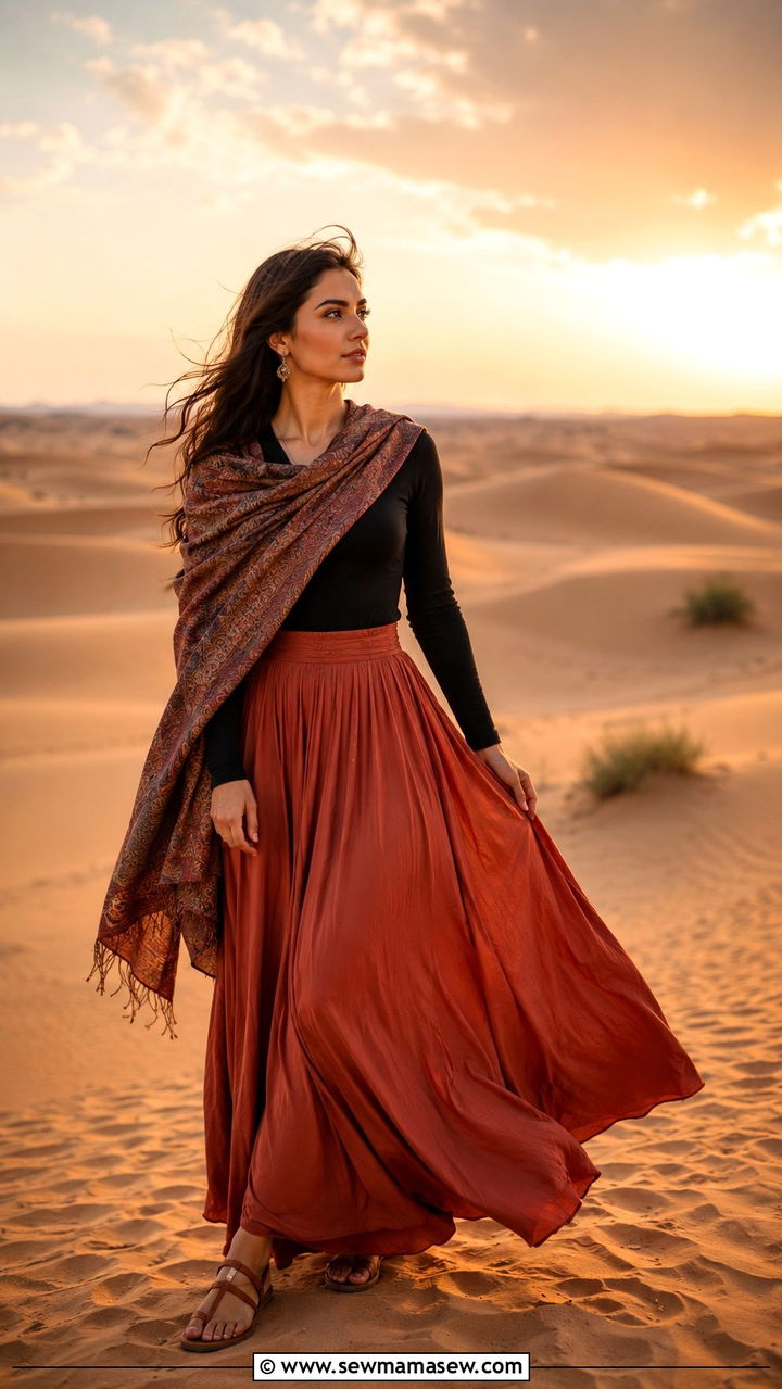Maxi Skirt With Fitted Long Sleeve Top - 30 Dubai vacation outfit ideas modest