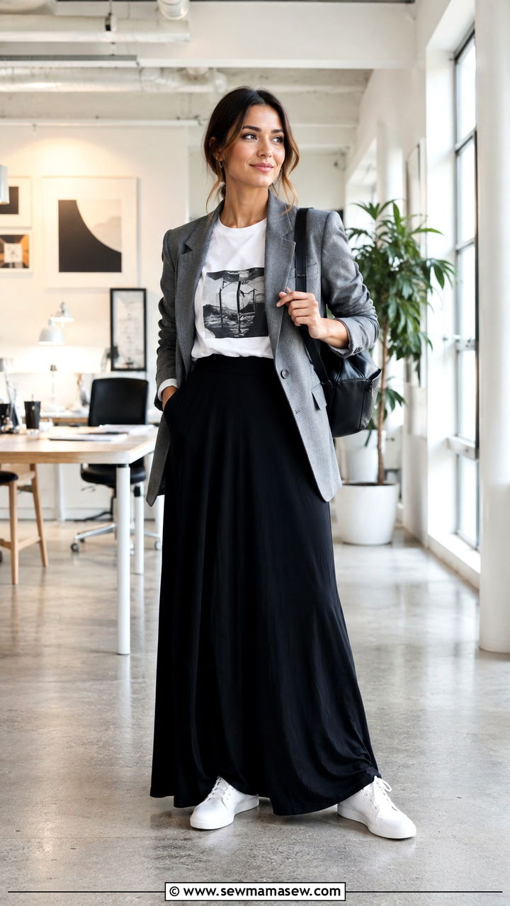 Maxi Skirt With Graphic Tee And Blazer - 30 Maxi skirt outfit ideas for work