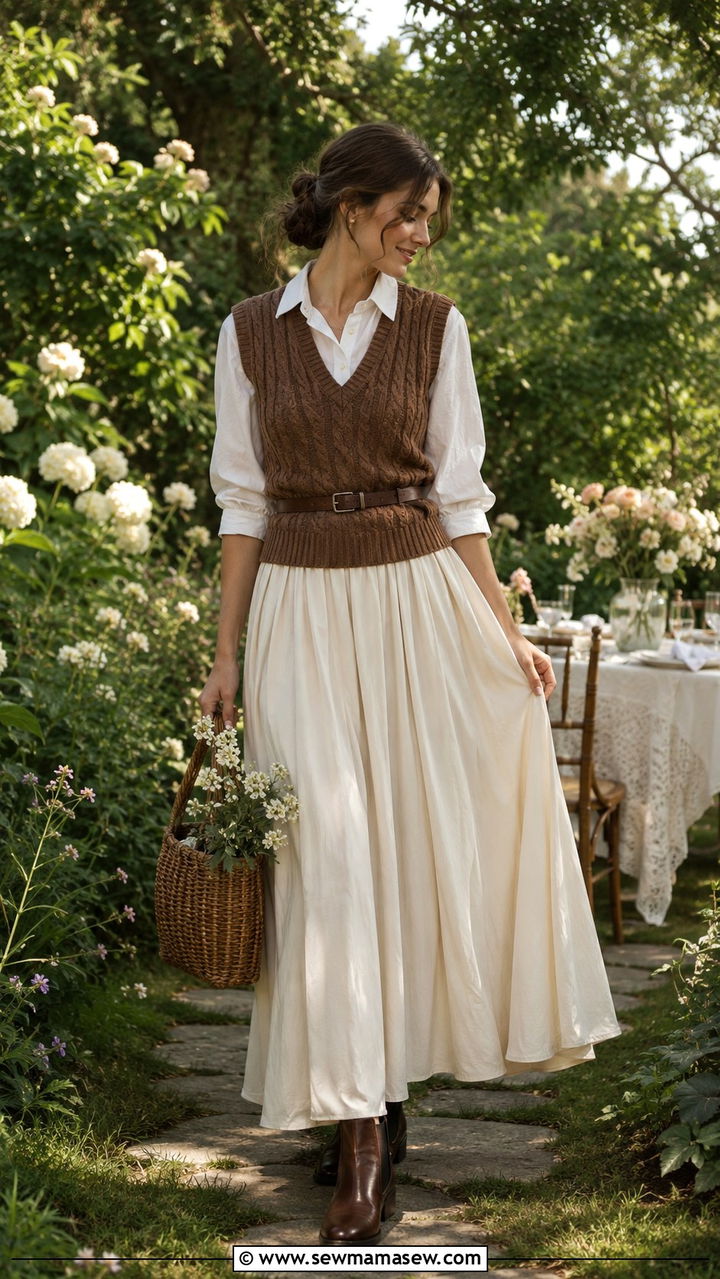 Maxi Skirt With Knit Vest And Button Down - 25 Poetcore outfit ideas