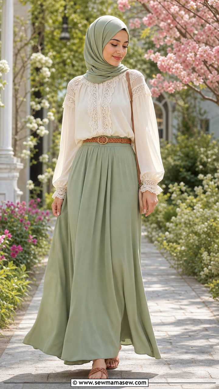 Maxi Skirt With Lace Trimmed Blouse Outfit - 25 spring outfits for hijab women