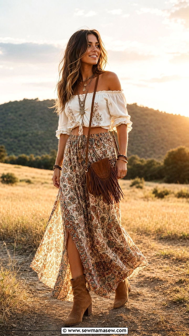 Maxi Skirt With Off Shoulder Blouse And Suede Ankle Boots - 35 aesthetic outfits for women