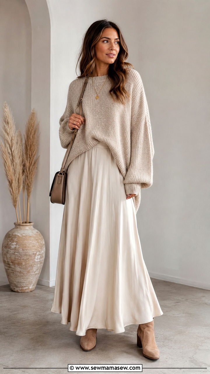 Maxi Skirt With Oversized Knit Sweater - 30 Modest outfit ideas minimalist