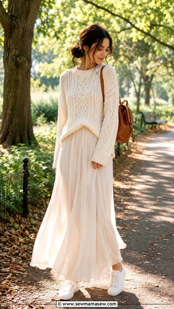 Maxi Skirt With Oversized Sweater And Low Top Sneakers - 30 Warm day cold night outfits