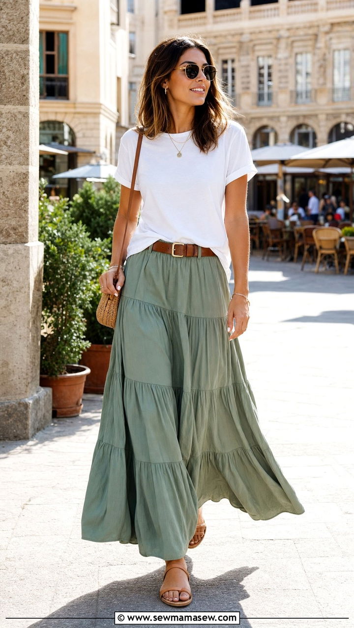 Maxi Skirt With Simple Tee And Flat Sandals - 25 European summer outfits aesthetic