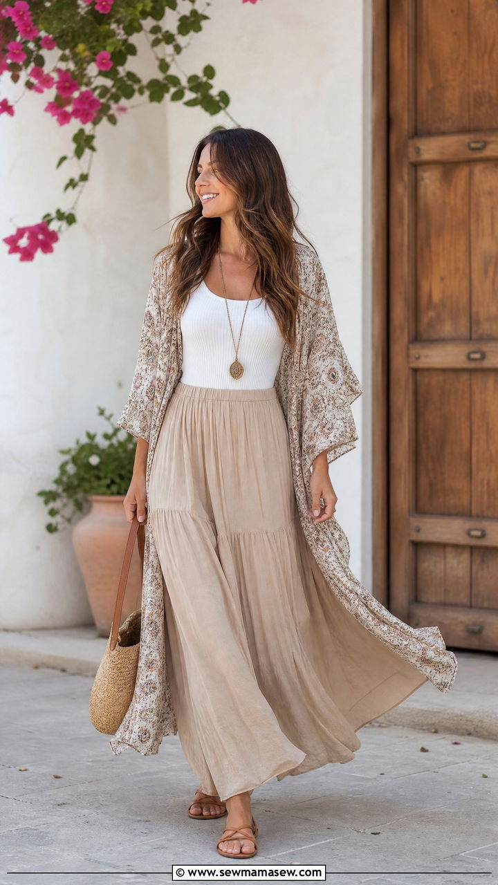 Maxi Skirt With Tank Top And Lightweight Layer - 30 Summer capsule wardrobe modest