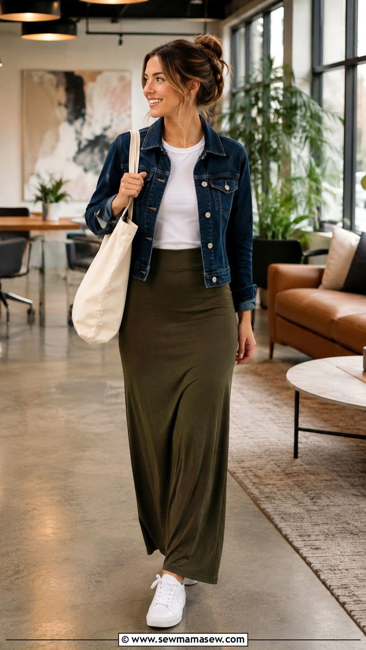 Maxi Skirt With Tucked In Tee And Denim Jacket - 30 Hr manager outfit ideas