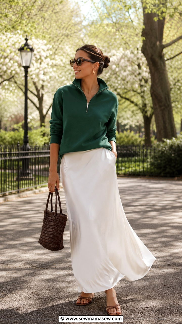 Maxi Skirt With Zip Up Sweatshirt And Flip Flops - 30 spring sporty chic outfit ideas