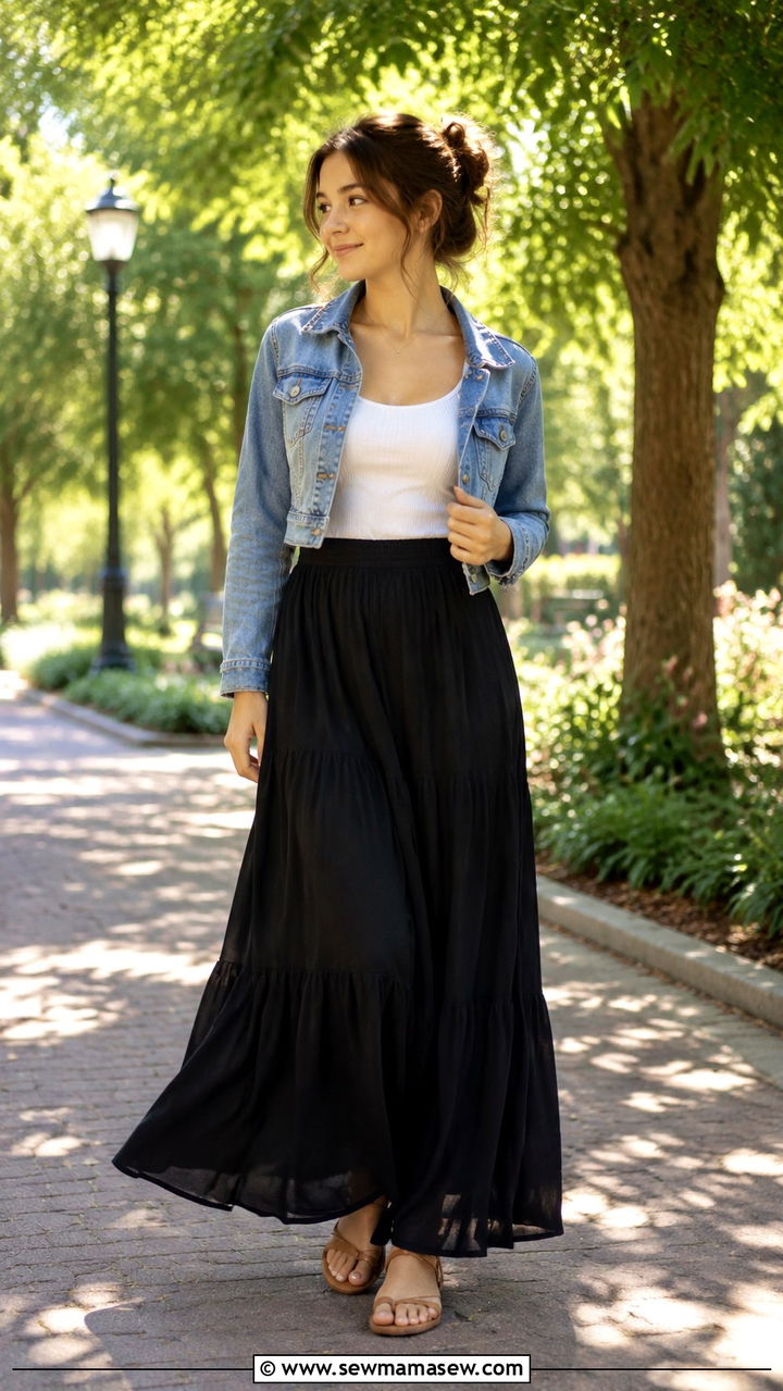 Maxi Skirt With a Tank Top and Denim Jacket - 30 Trendy outfits for 15 year olds