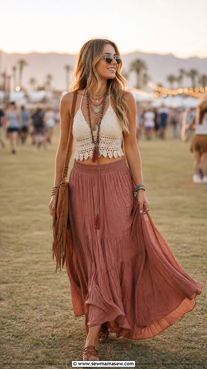 Maxi Skirt and Crochet Halter Top Festival Outfit - 30 Festival outfit ideas summer