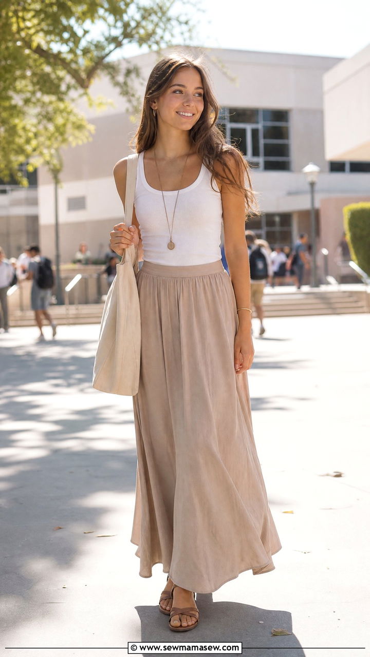 Maxi Skirt and Fitted Tank - 30 School outfit ideas with skirt
