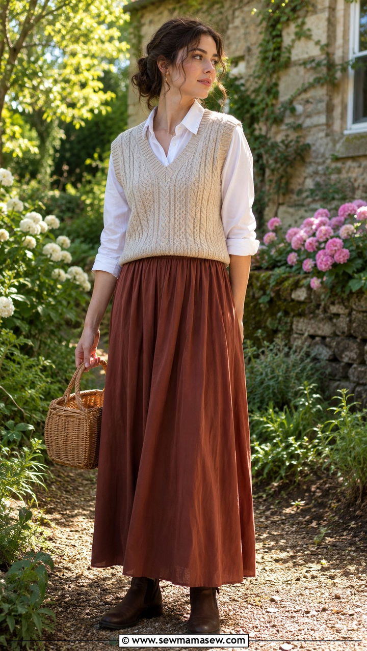 Maxi Skirt and Knit Vest Outfit - 30 Romantic academia outfit ideas