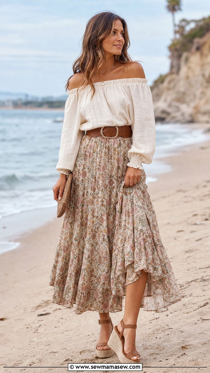 Maxi Skirt and Off Shoulder Blouse Outfit - 35 Boho outfit ideas for wedding guest