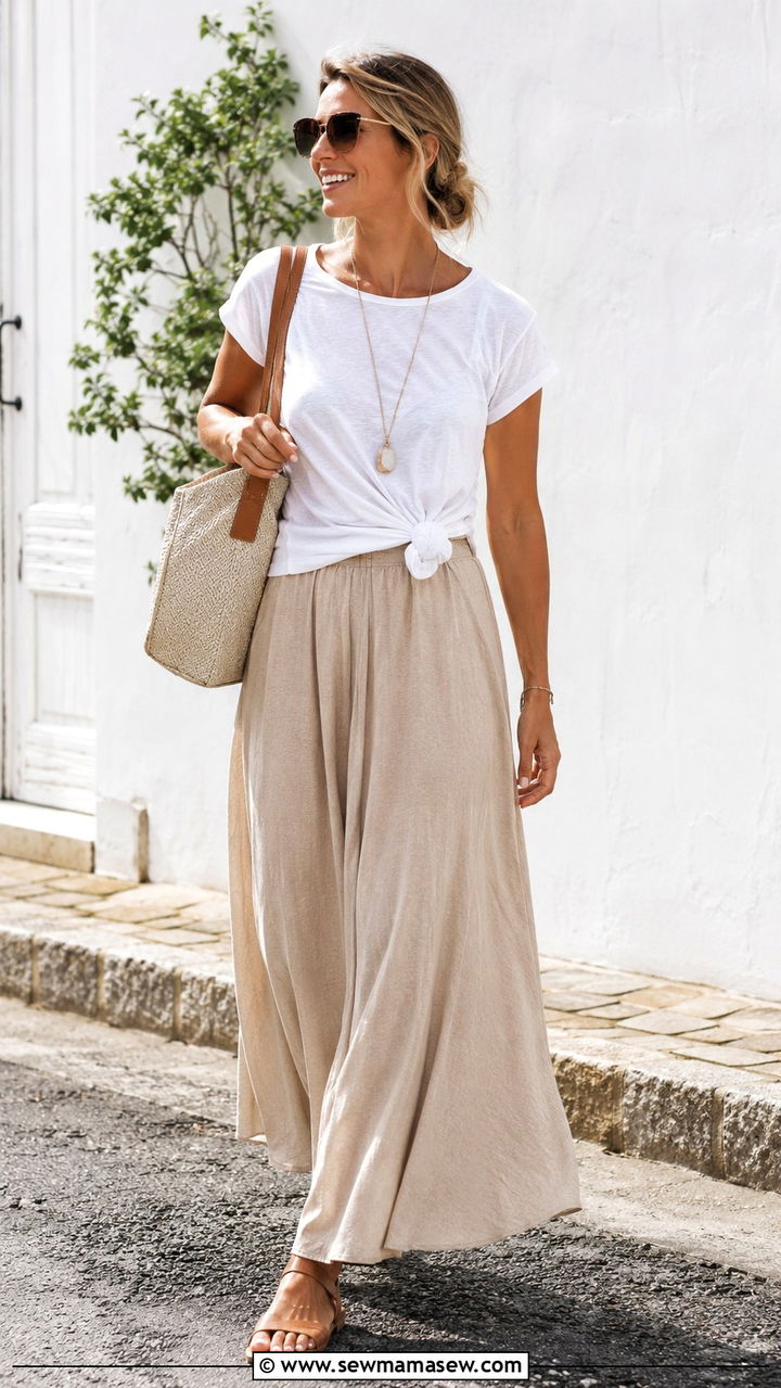 Maxi Skirt and T Shirt Combo - 30 Plus size mom outfit ideas summer