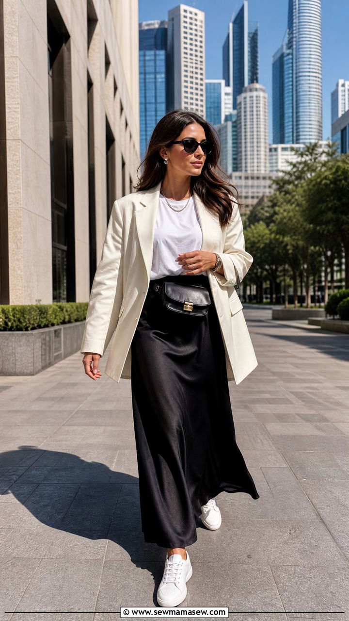 Maxi Skirt with Blazer and White Sneakers - 35 maxi skirt outfits ideas