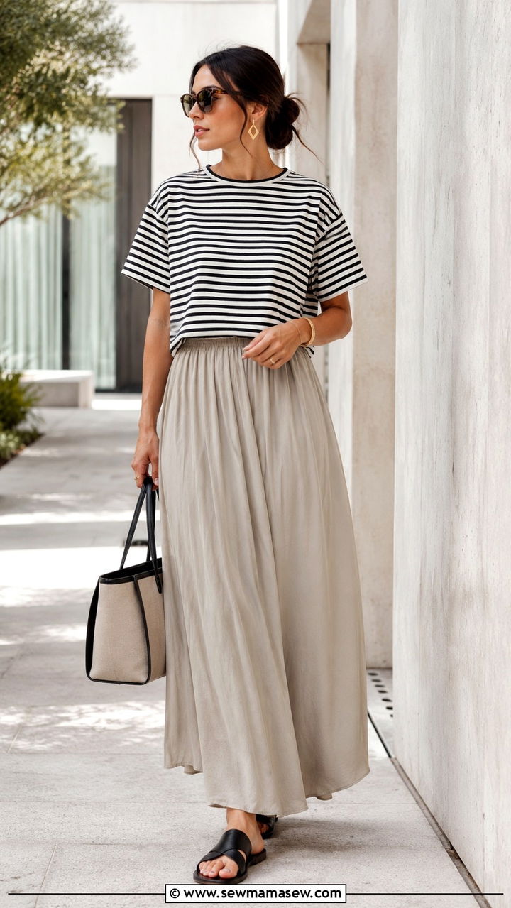 Maxi Skirt with Boxy Tee and Sandals - 30 Maxi skirt outfit ideas with a tee