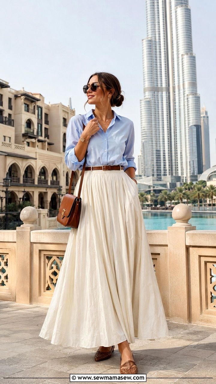 Maxi Skirt with Button Down Shirt Dubai - 30 Dubai outfit ideas modest