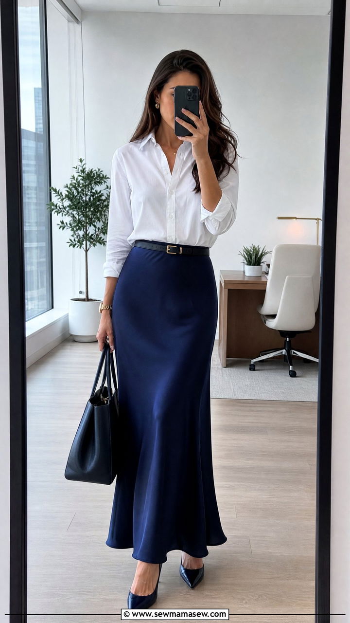 Maxi Skirt with Button Down Shirt and Heels - 35 maxi skirt outfits ideas