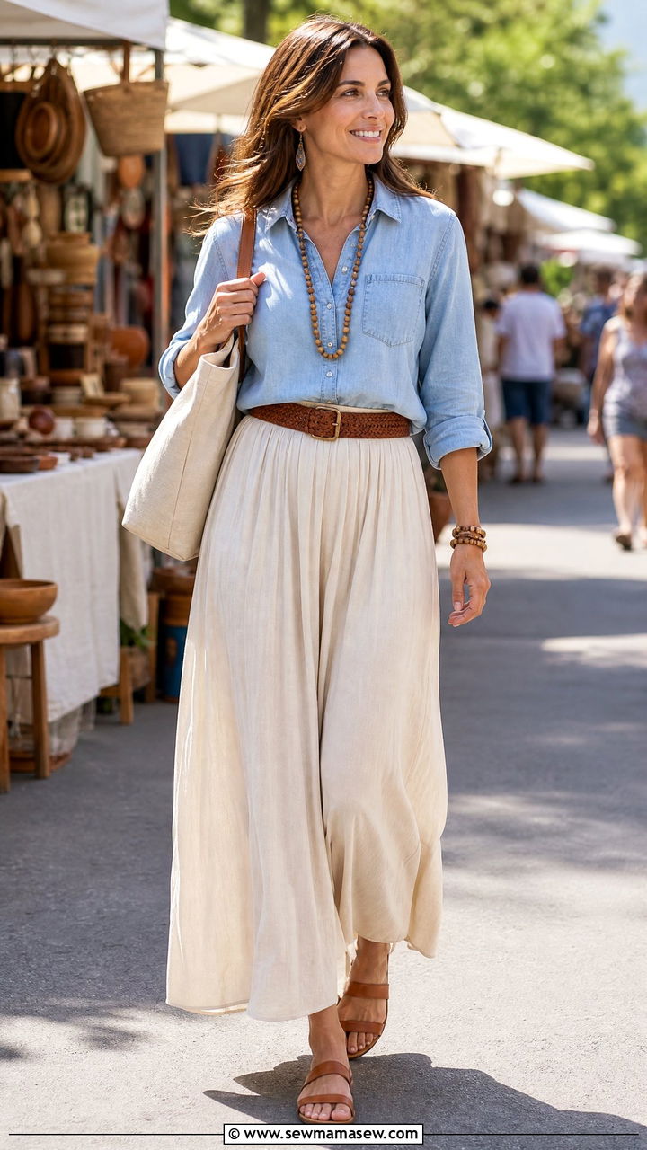 Maxi Skirt with Chambray Shirt and Woven Belt - 35 maxi skirt outfits ideas