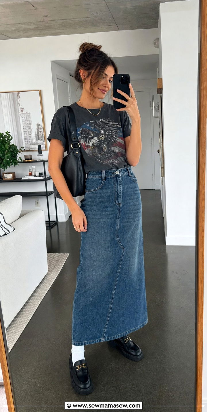 Maxi Skirt with Chunky Loafers and Graphic Tee - 35 casual maxi skirt outfits
