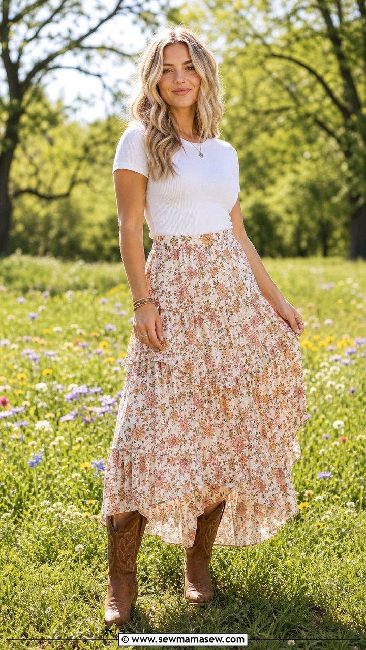 Maxi Skirt with Cowboy Boots - 25 Spring outfits with cowboy boots