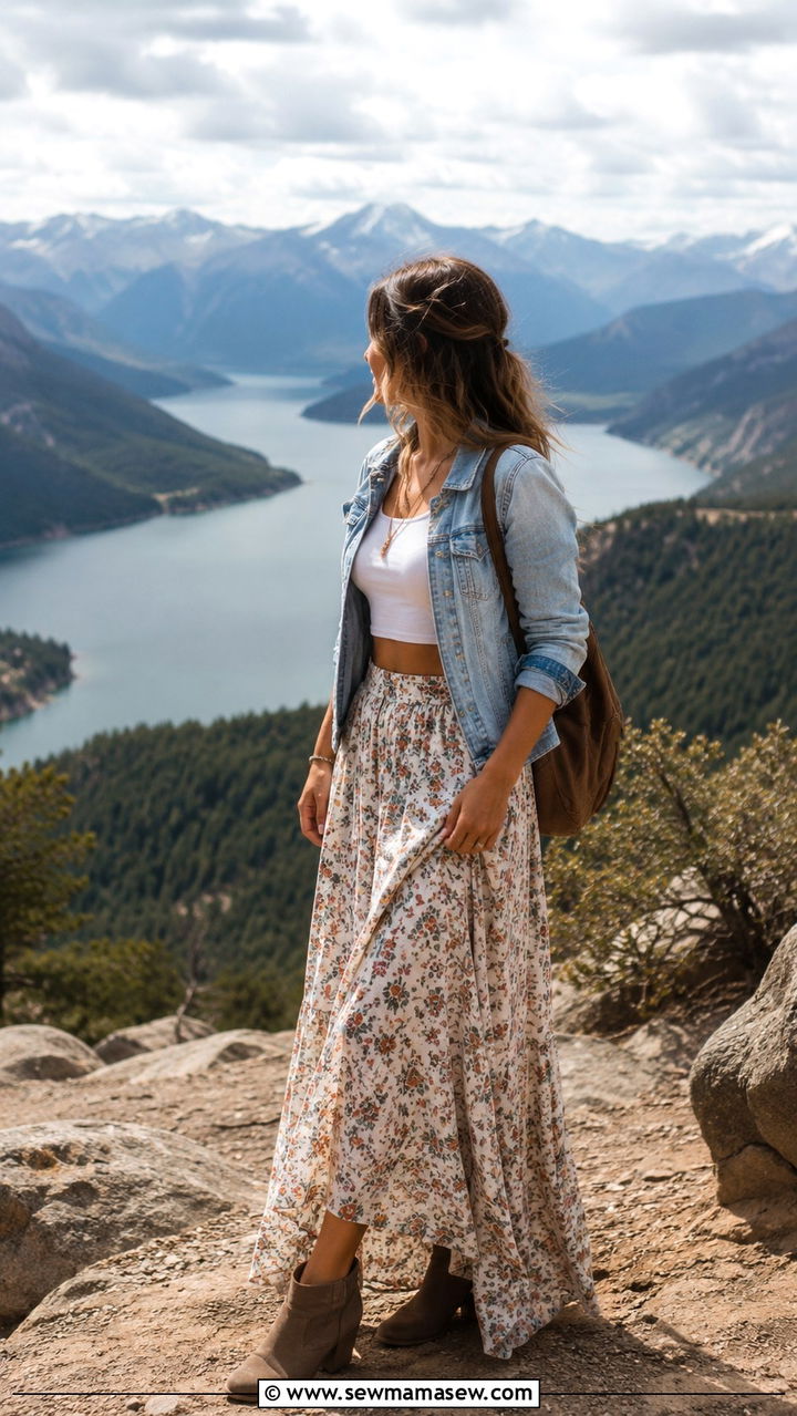 Maxi Skirt with Crop Top and Denim Jacket - 30 Maxi skirt outfit ideas with a crop top