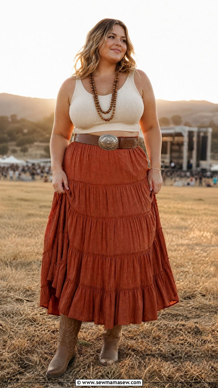 Maxi Skirt with Crop Top and Western Belt - 30 Country concert outfit ideas plus size