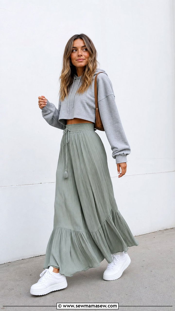 Maxi Skirt with Cropped Hoodie and Sneakers - 35 casual maxi skirt outfits