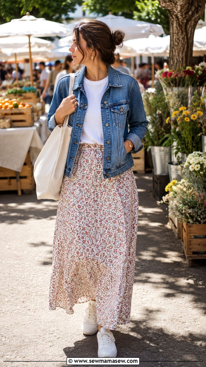 Maxi Skirt with Denim Jacket - 25 outfit ideas for modest women