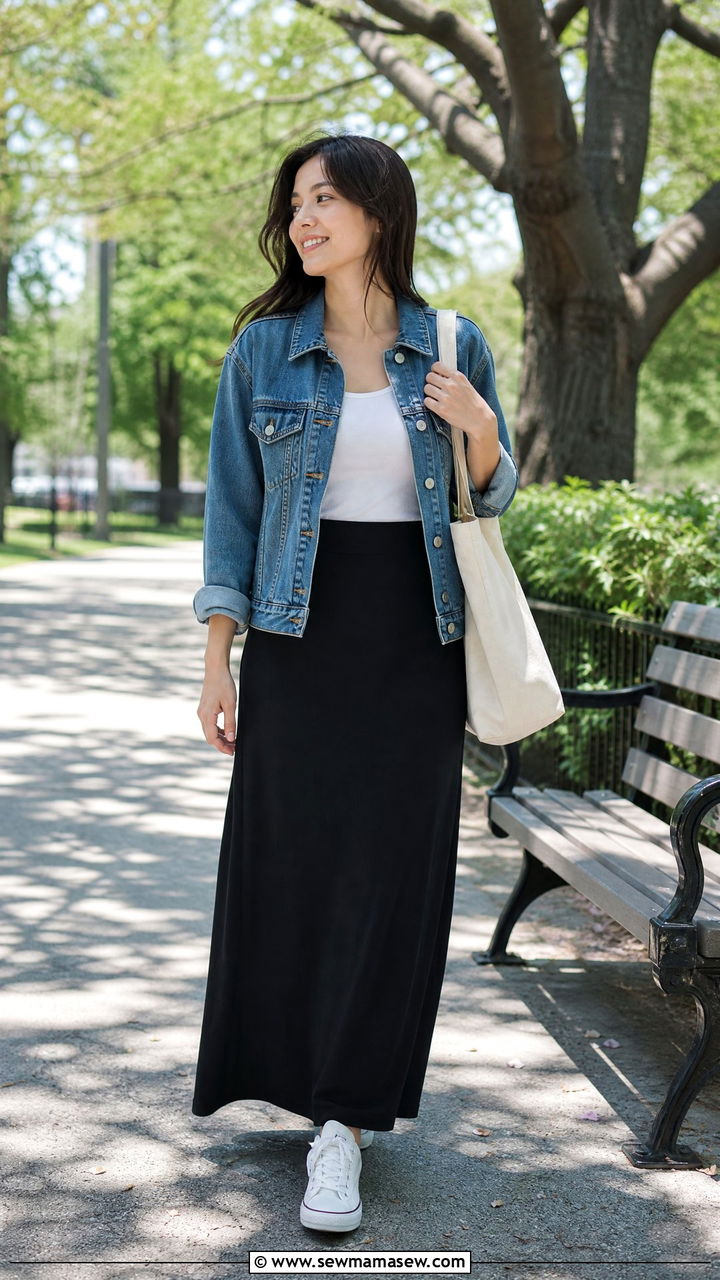 Maxi Skirt with Denim Jacket and Canvas Sneakers - 35 maxi skirt outfits ideas