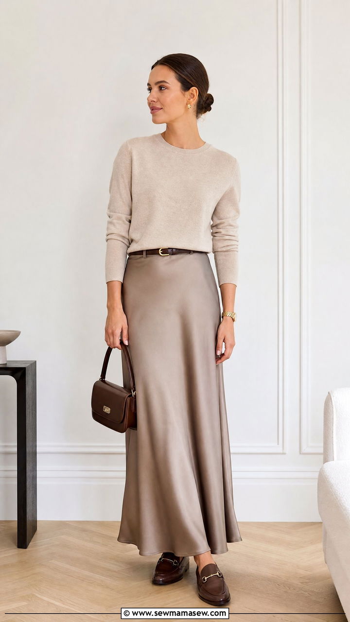 Maxi Skirt with Fine Knit Sweater and Loafers - 35 maxi skirt outfits ideas