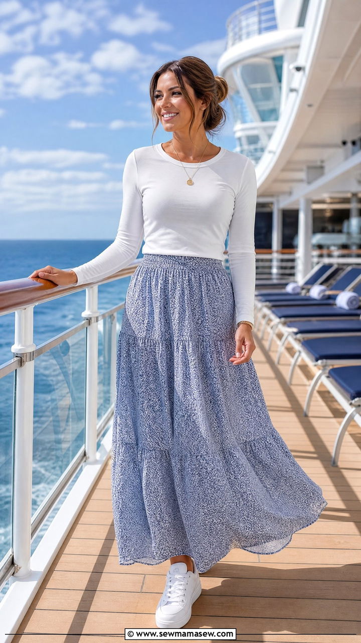 Maxi Skirt with Fitted Long Sleeve Tee - 30 modest cruise outfit ideas