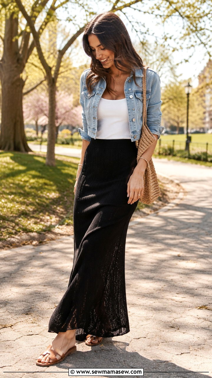 Maxi Skirt with Fitted Tank Denim Jacket and Sandals - 30 transitional street style outfits