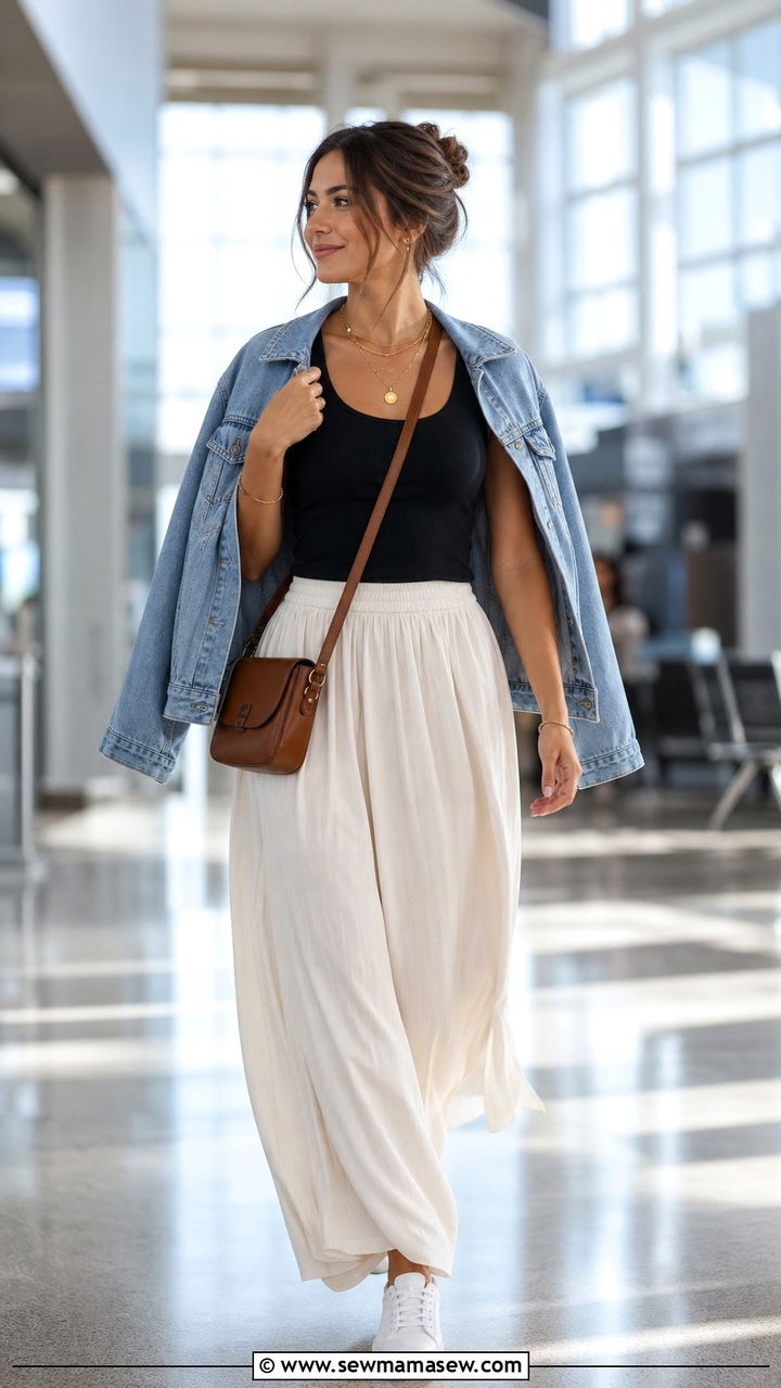 Maxi Skirt with Fitted Tank and Sneakers - 25 Clean girl outfit ideas for airport